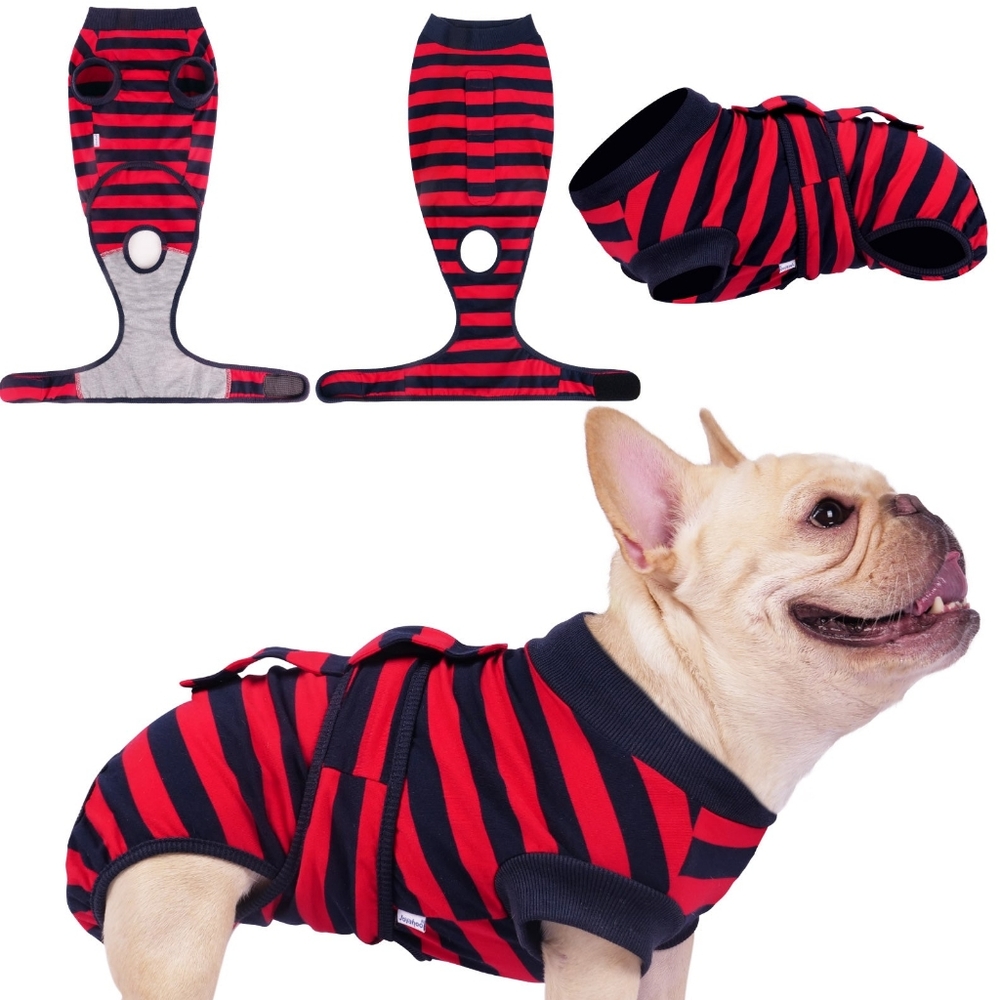 NWT LARGE Red & Black Striped Dog Onesie Recovery Suit